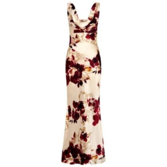 NWT NICHOLAS Sally Watercolor Floral Ivory Cowl Neck Side Slit Maxi Dress - Picture 5 of 17
